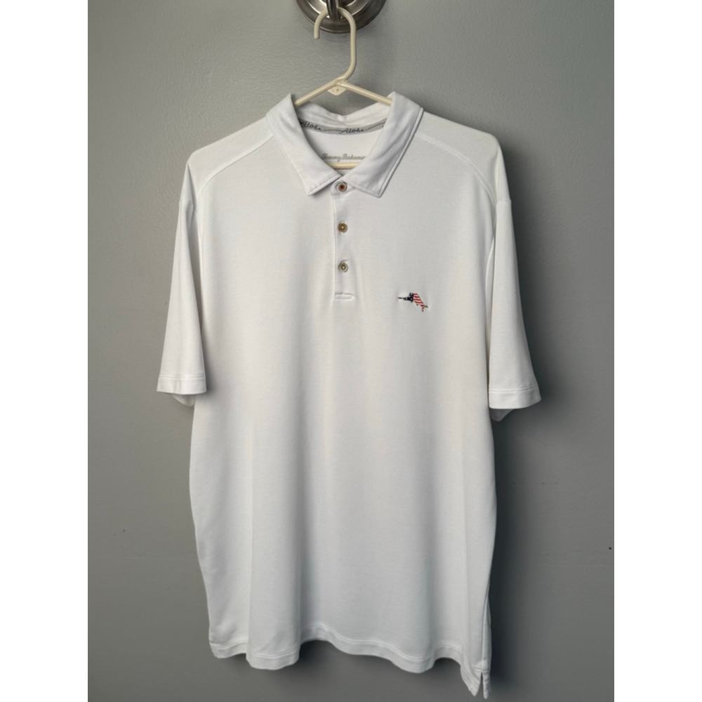Tommy Bahama IslandZone Supima Cotton Polo Shirt XL White USA Flag Marlin